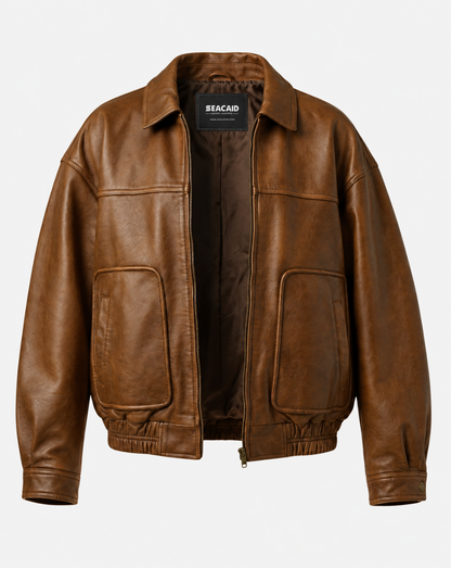 Tan Brown Patch-Pocket Leather-Look Jacket - front view
